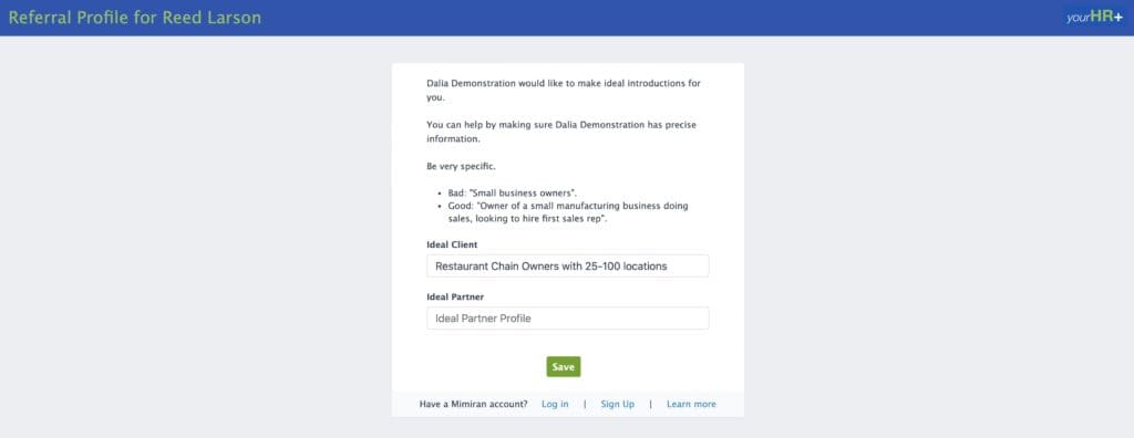 Mimiran CRM referral profile form for contacts